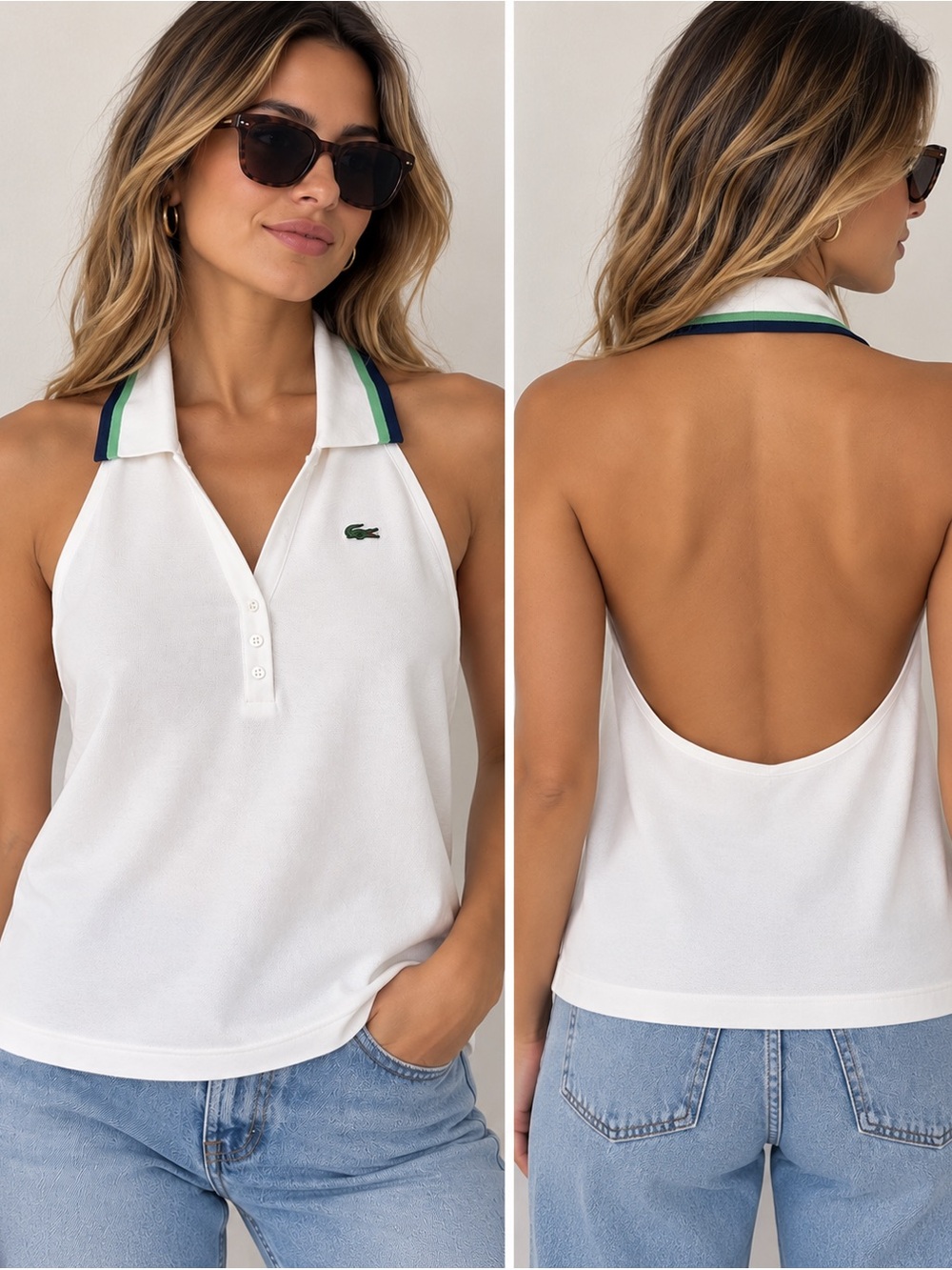 Vintage Y2K Lacoste White Halter Polo Top Green Trim Size 44